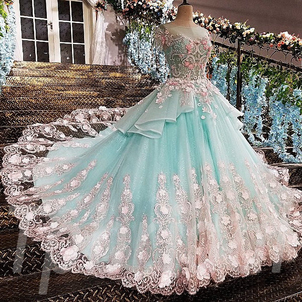 Light Blue Wedding Dress V Neck Long Sleeve Ball Gown Prom