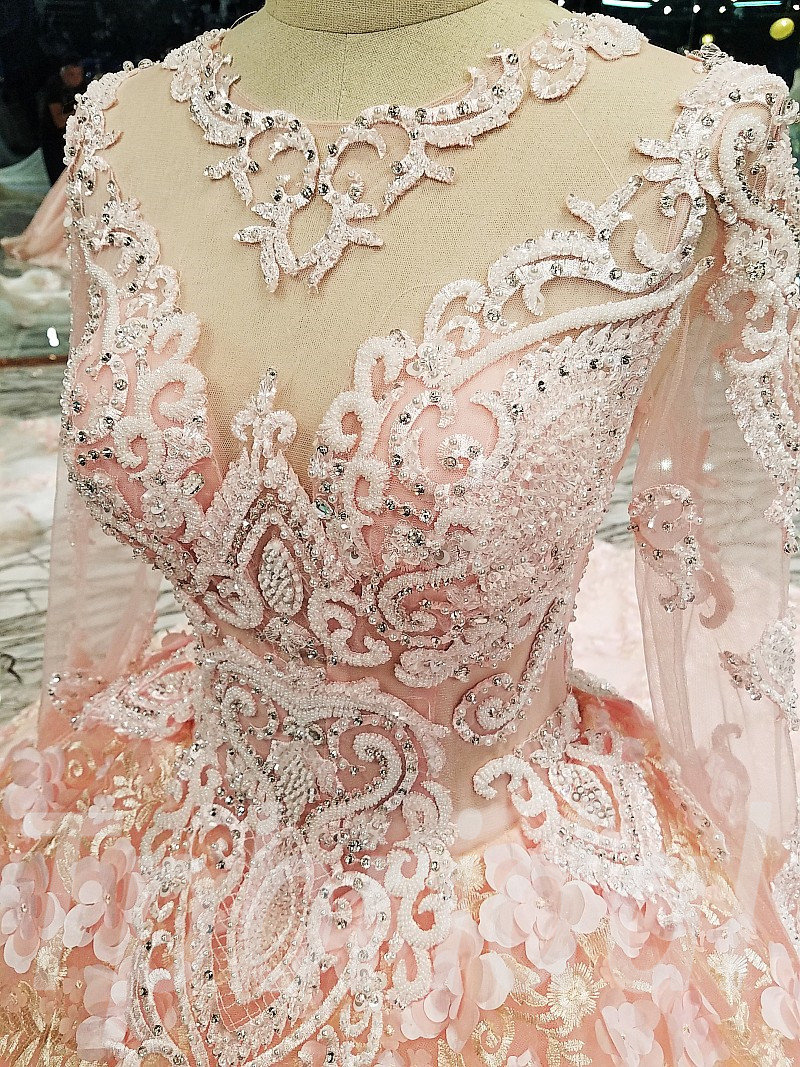 long sleeve pink wedding dress
