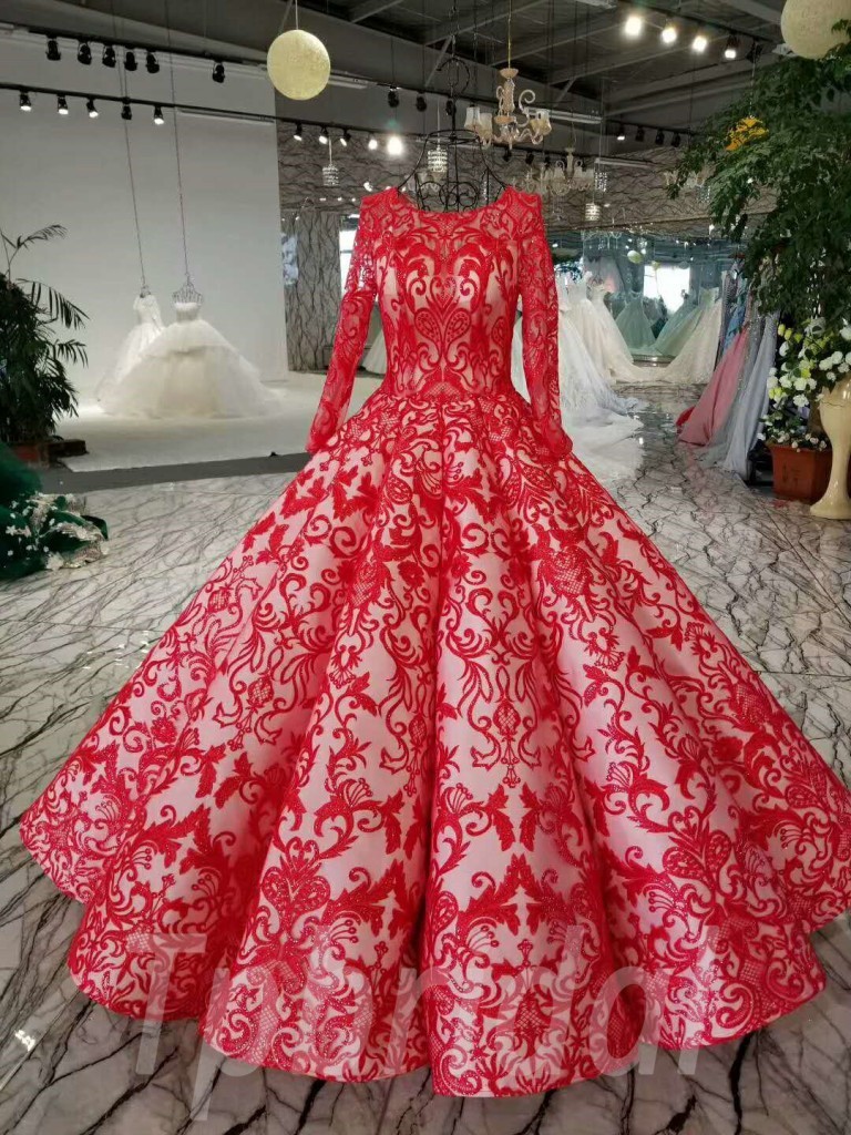 Pink Wedding Dress Plus Size Long Sleeve Ball Gown Bridal Dress 7417