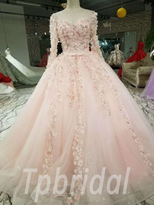 Burgundy Long Sleeves Ball Gown Wedding Dress,Women Lace Beading Formal  Gown PL10419 - Customized / blue