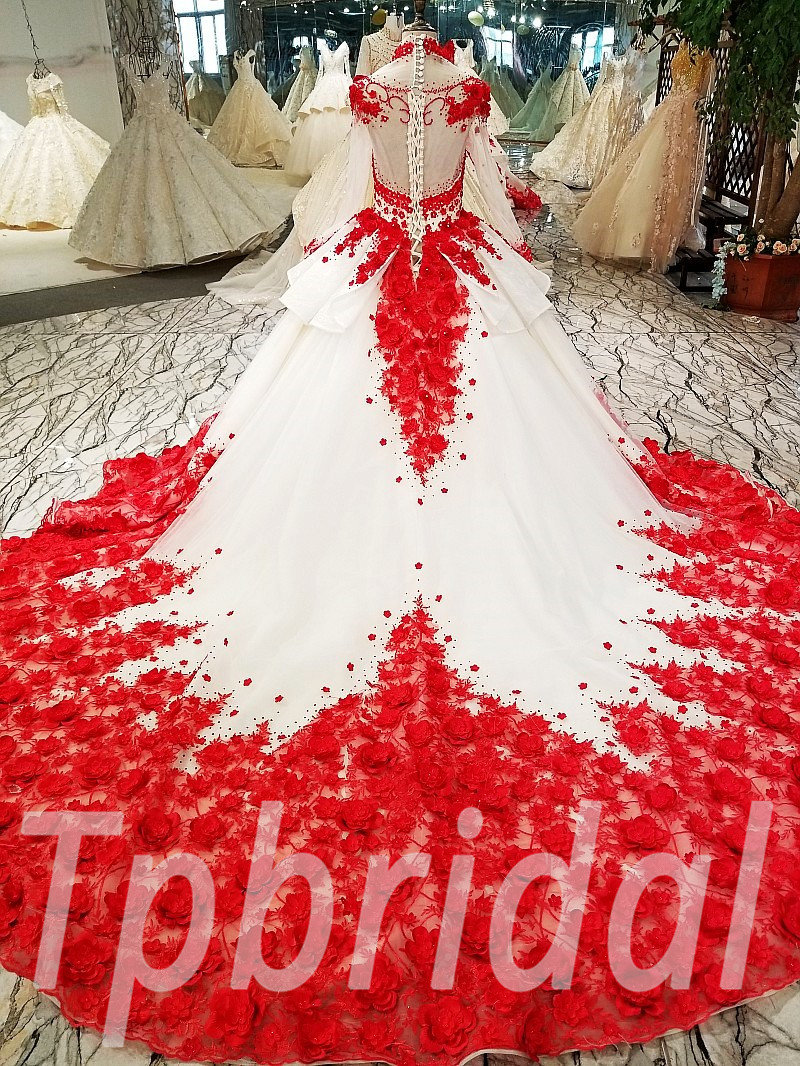 Red Wedding Dress Plus Size High Neck Long Train Girls