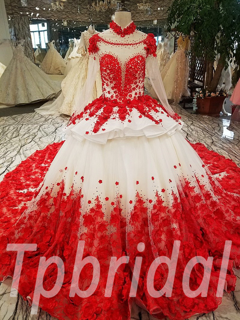 Red Wedding Dress Plus Size High Neck Long Train Girls