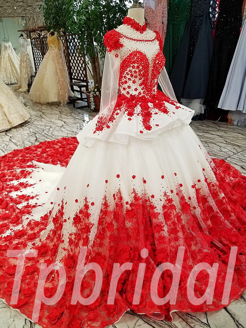 Red Wedding Dress Plus Size High Neck Long Train Girls