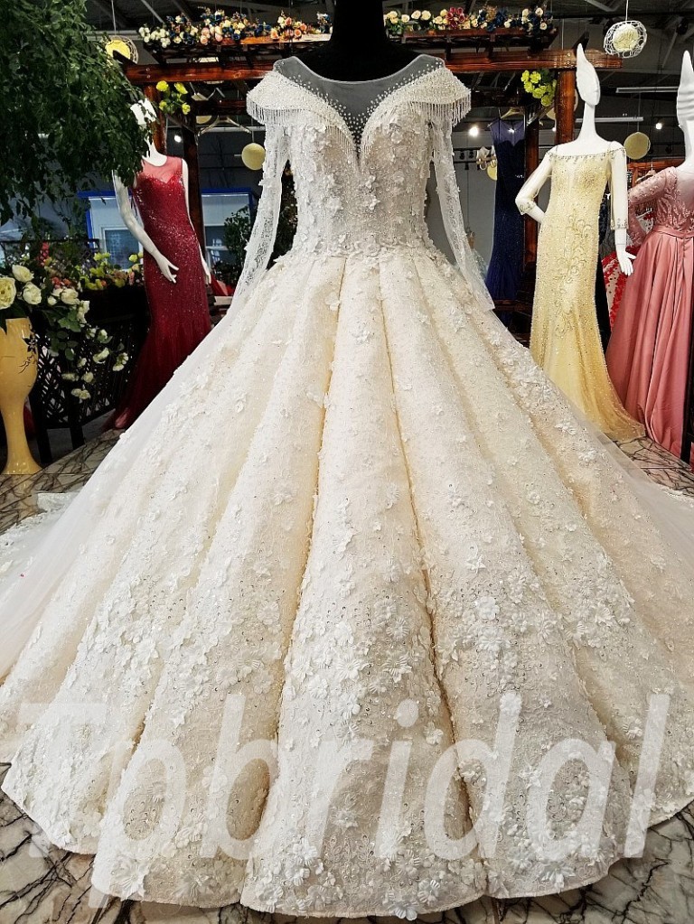 Bishop Sleeve Wedding Dress High Neck Ball Gown Bridal 2020