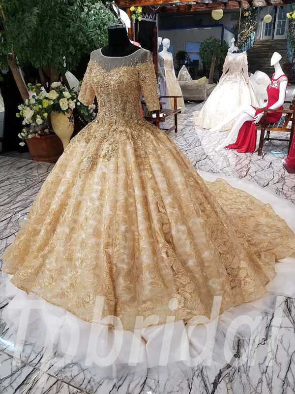 Gold Wedding Dress Plus Size Custom Made Prom Formal Dress