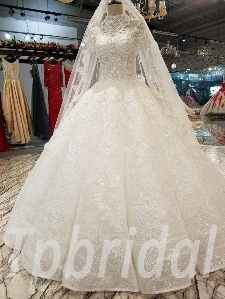 High Neck Ball Gown Wedding Dress Long Sleeve With Train