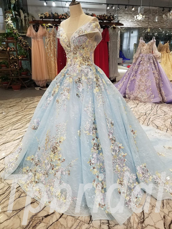 Light Blue Wedding Dress Gold Lace Ball Gown Long Train With Cape