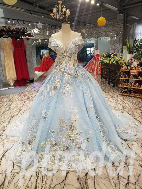 Light Blue Prom Dress Train Lace Bridal Dress Sale