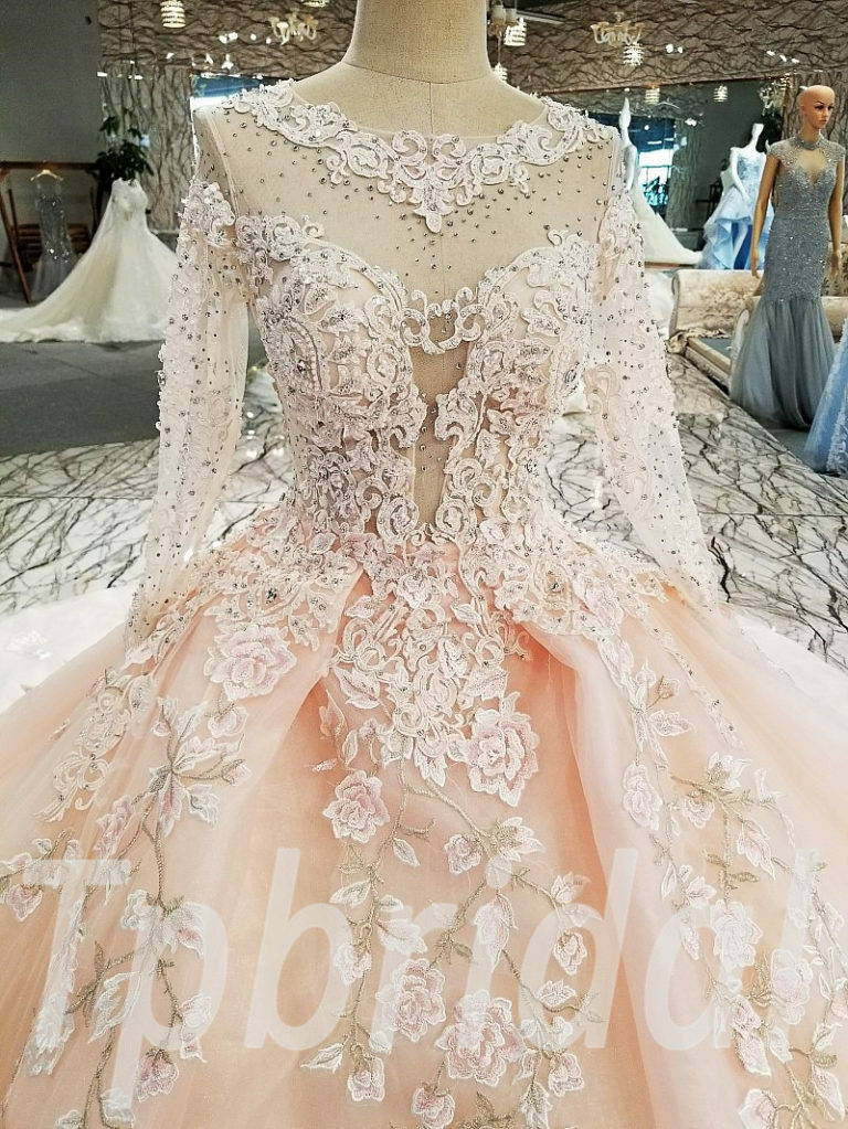 Long Train Wedding Dress Pink Ball Gown Princess Crystal Sale