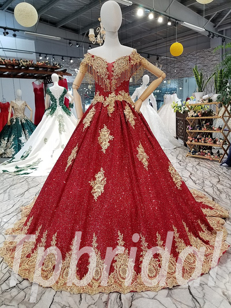 Red Bridal Dress Custom Made A Line Gold Lace With Train