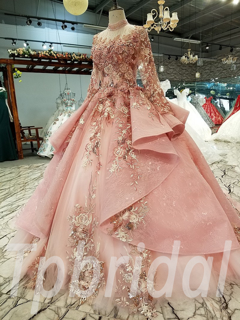 Verwonderend Ball Gowns Pink Wedding Dress A Line Custom Made Long Sleeve MP-42