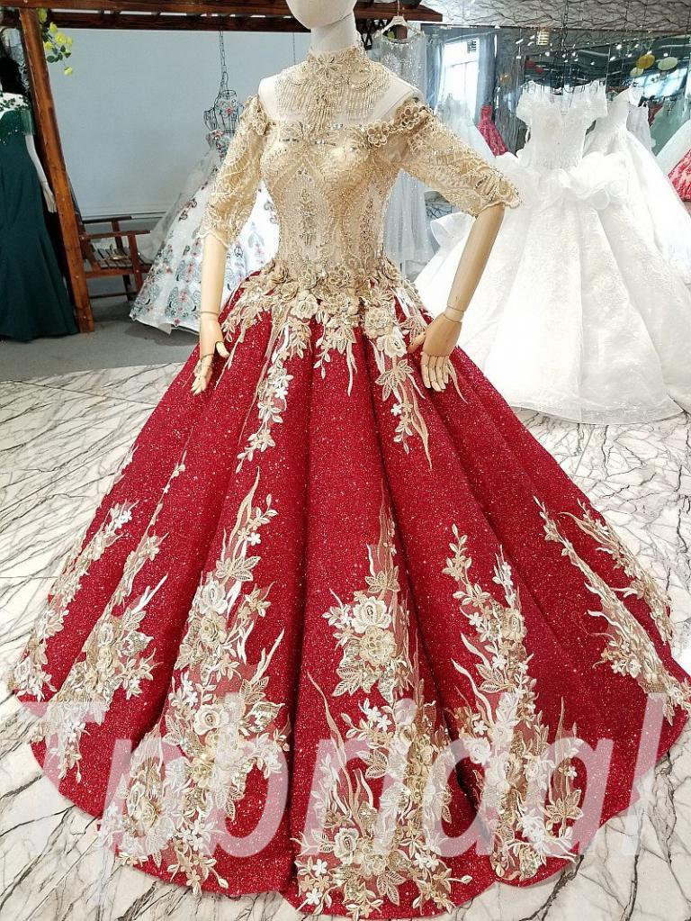 Red And Gold Prom Dress Ball Gown Bling Bridal Gown Online 