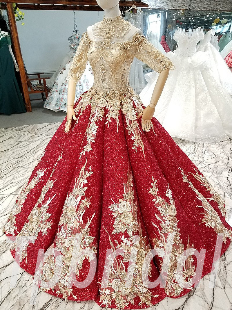 Red And Gold Prom Dress Ball Gown Bling Bridal Gown Online