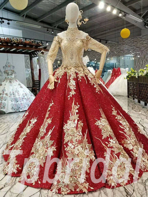 Red And Gold Prom Dress Ball Gown Bling Bridal Gown Online