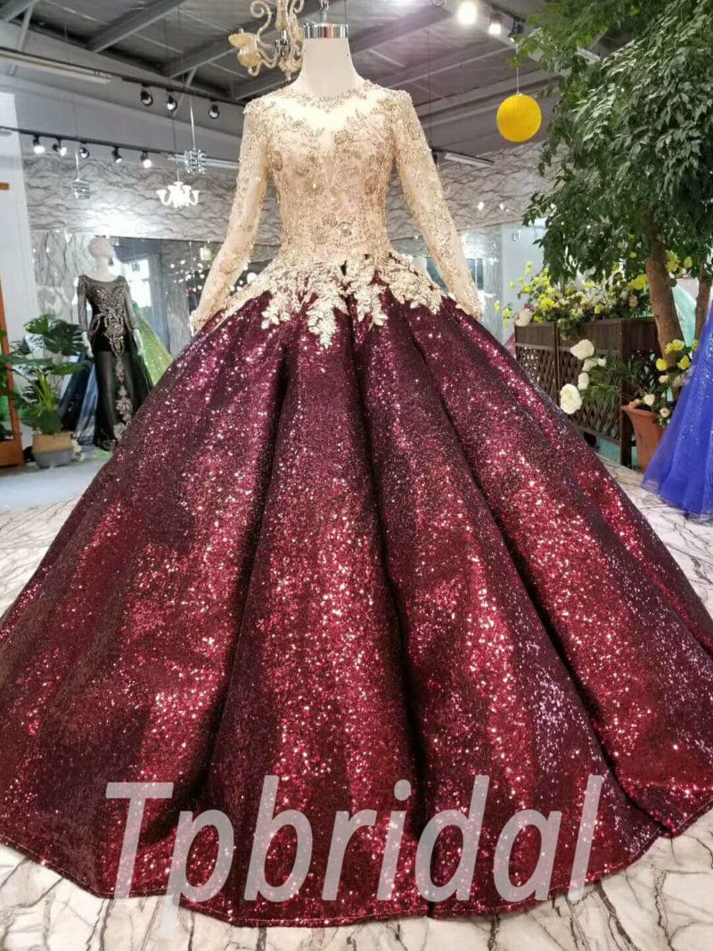 Burgundy Long Sleeves Ball Gown Wedding Dress,Women Lace Beading Formal  Gown PL10419 - Customized / blue
