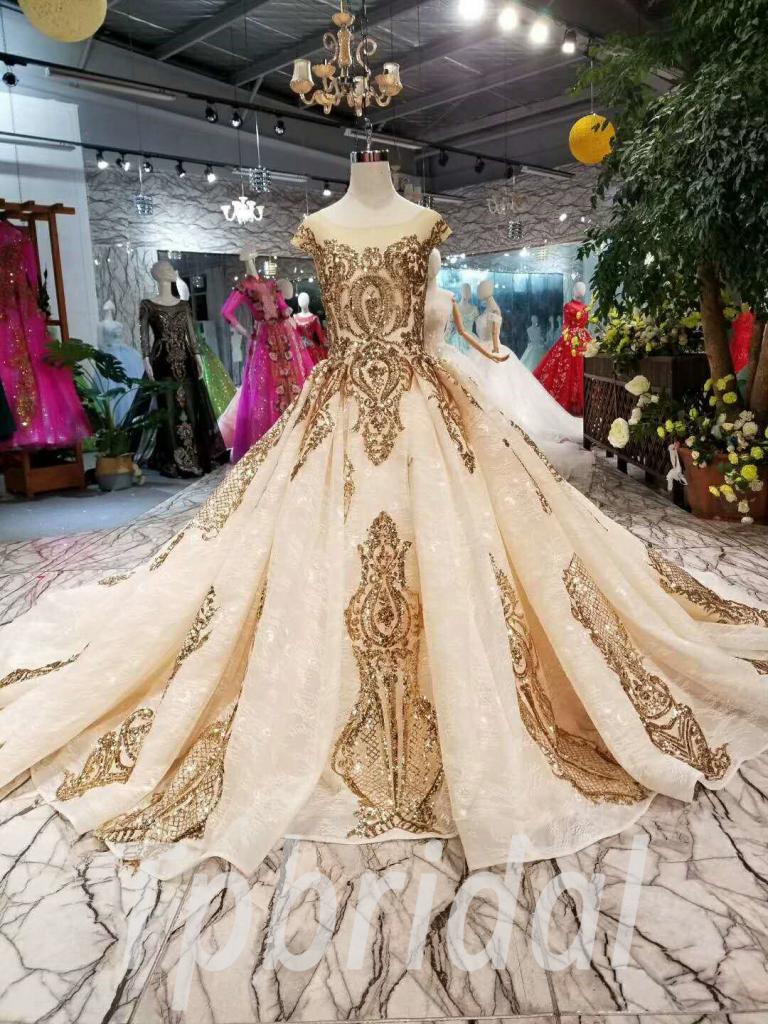 Gold Wedding Dress Long Train Hante Couture Prom Dress Sale