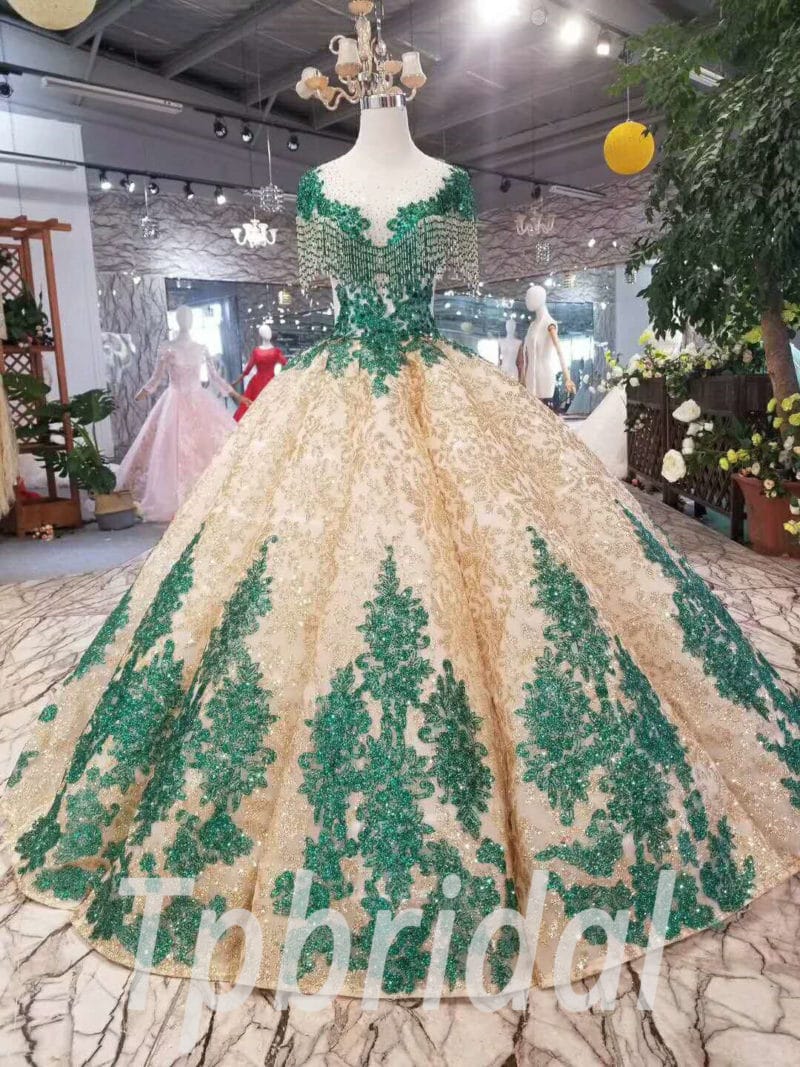 Haute Couture Green Prom Dress Ball Gown Quinceanera Dress