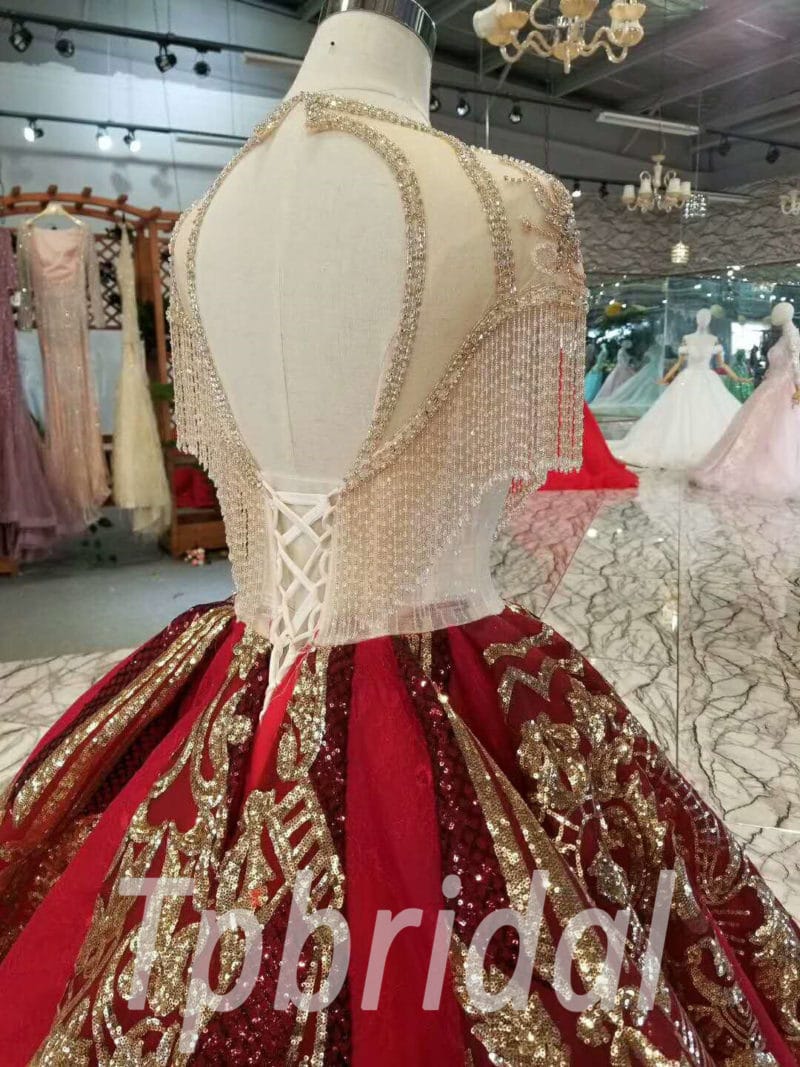 Red And Gold Wedding Dress Tassel Bling Prom Dress Train