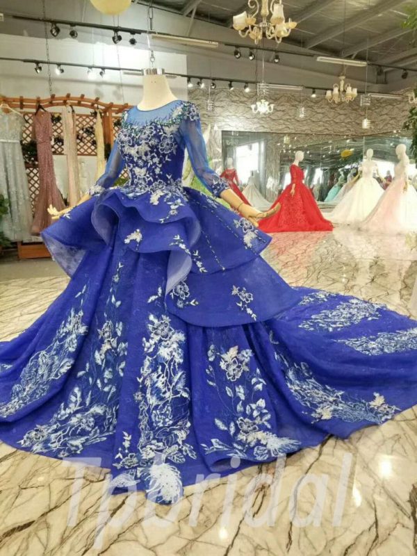 Royal Blue Prom Dress Haute Couture Long Sleeve Wedding Dress