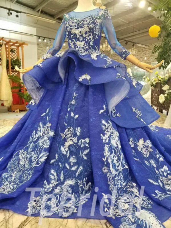 Royal Blue Prom Dress Haute Couture Long Sleeve Wedding Dress