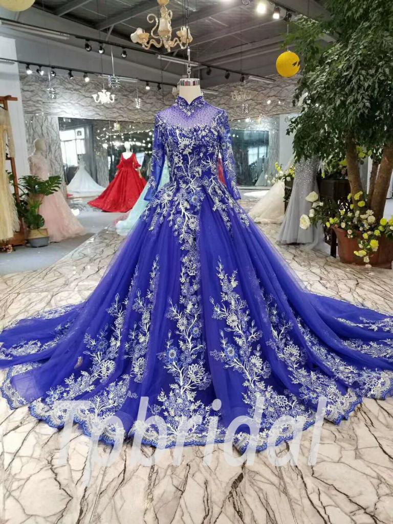 Blue Lace Prom Dress Haute Couture Long Sleeve Evening Dress