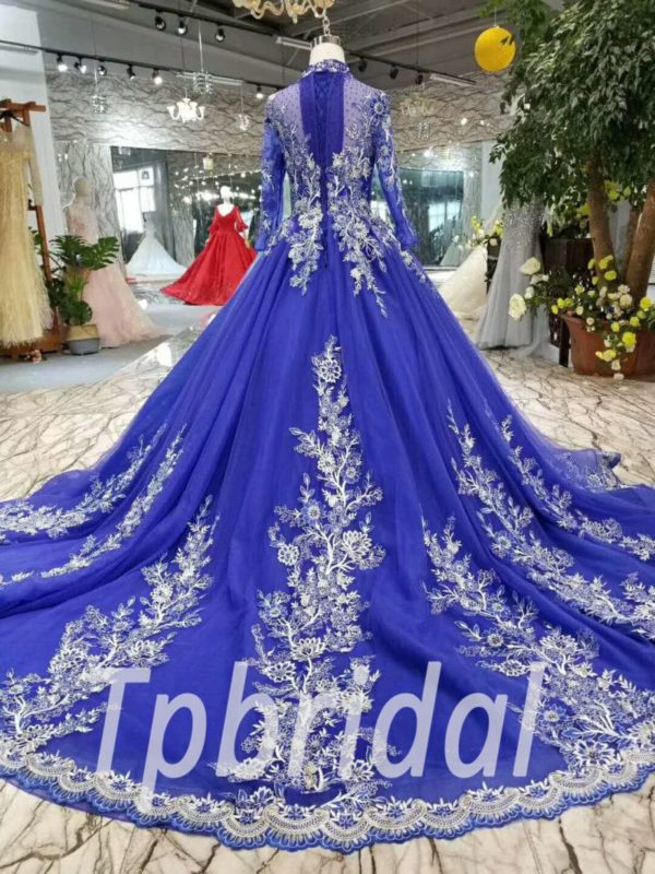 Blue Lace Prom Dress Haute Couture Long Sleeve Evening Dress