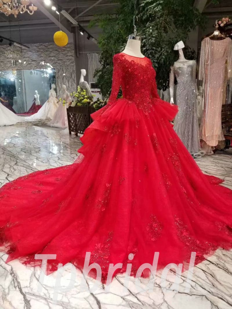 Evening Dress With Train Red Long Sleeve Wedding Dress