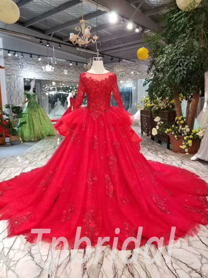 Evening Dress With Train Red Long Sleeve Wedding Dress