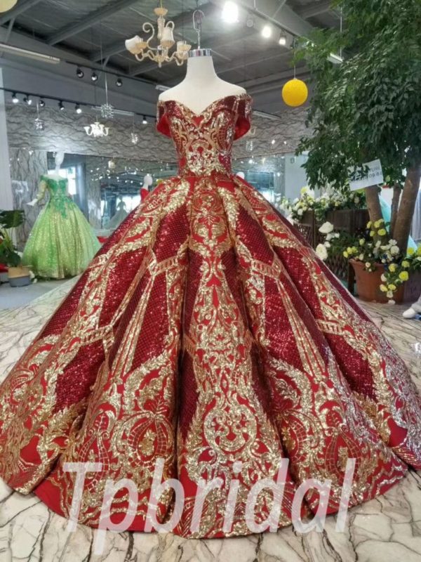 Off The Shoulder Prom Dress Red And Gold Ball Gown Sale