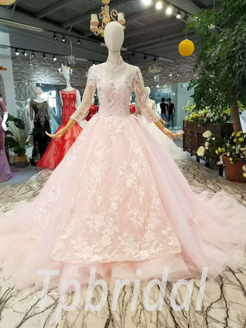 Pink Formal Dress High Neck Long Sleeve Lace Prom Dress