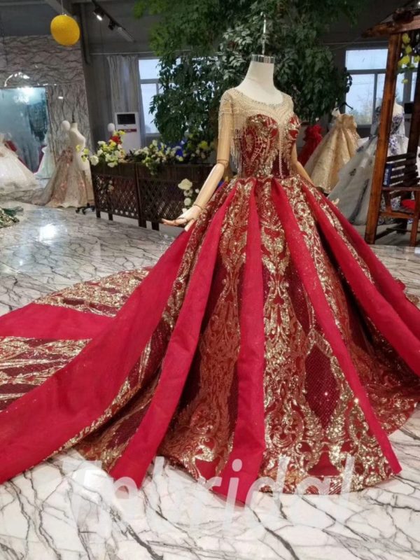 Red And Gold Wedding Dress Illusion Neckline Ball Gown