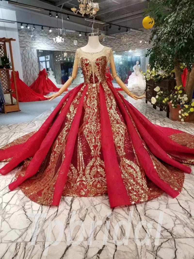 Red And Gold Wedding Dress Illusion Neckline Ball Gown