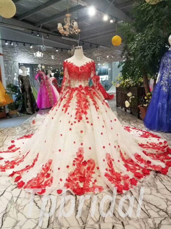 Red And White Quinceanera Dress Lace Long Sleeve Ball Gown