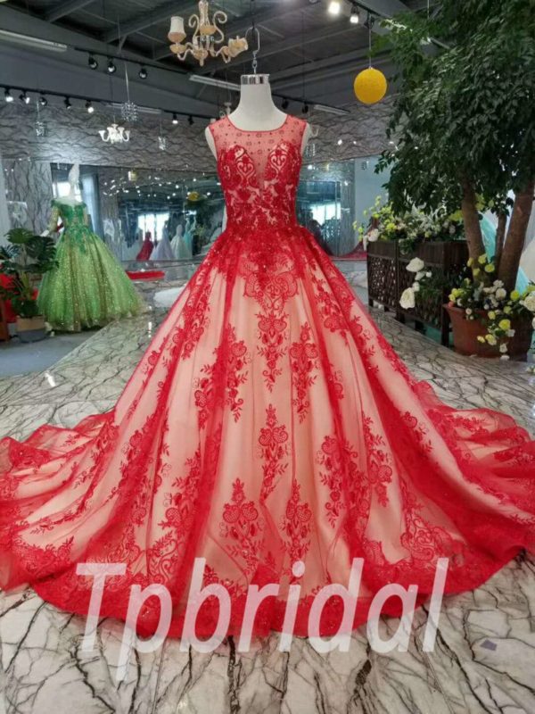 Red Prom Dress 2018 Sleeveless Lace Long Train Bridal Dress