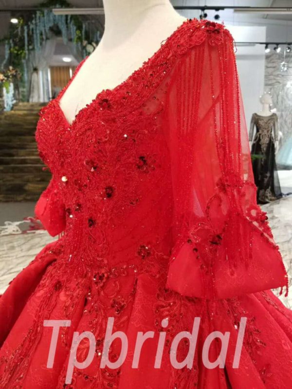 Red Wedding Dress Plus Size Hand Made Lace Ball Gown