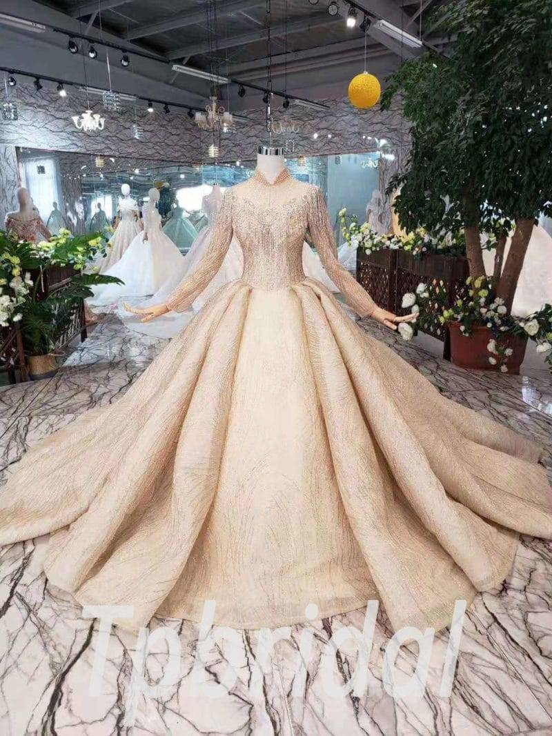 Gold Ball Gown Wedding Dress Long Sleeve Bridal Dress