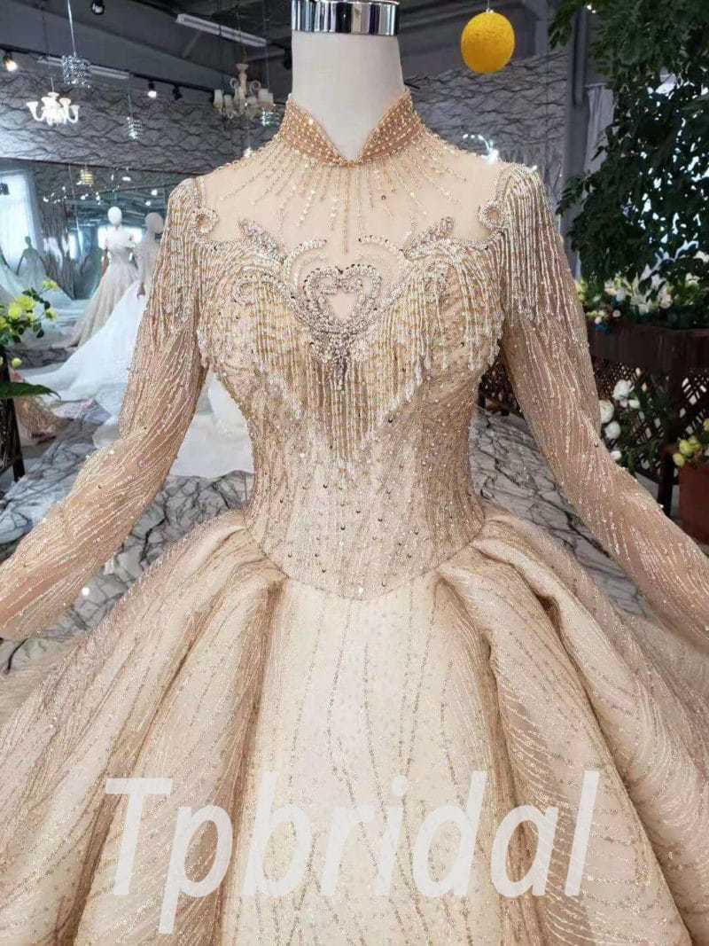 Gold Ball Gown Wedding Dress Long Sleeve Bridal Dress