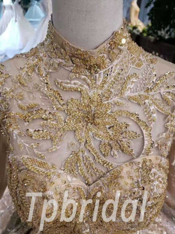 High Neck Wedding Dress Gold Long Sleeve Bridal Dress