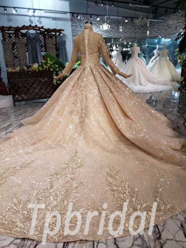 High Neck Wedding Dress Gold Long Sleeve Bridal Dress