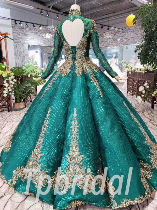 Dark Green Prom Dress High Neck Ball Gown Wedding Dress