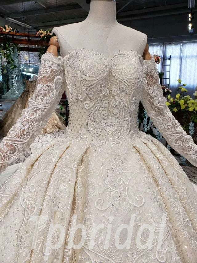 Beaded Wedding Dresses Off The Shoulder Ball Gown Long Sleeves