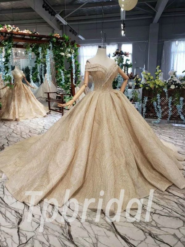 Gold Bridal Dress Off The Shoulder With Train Haute Couture