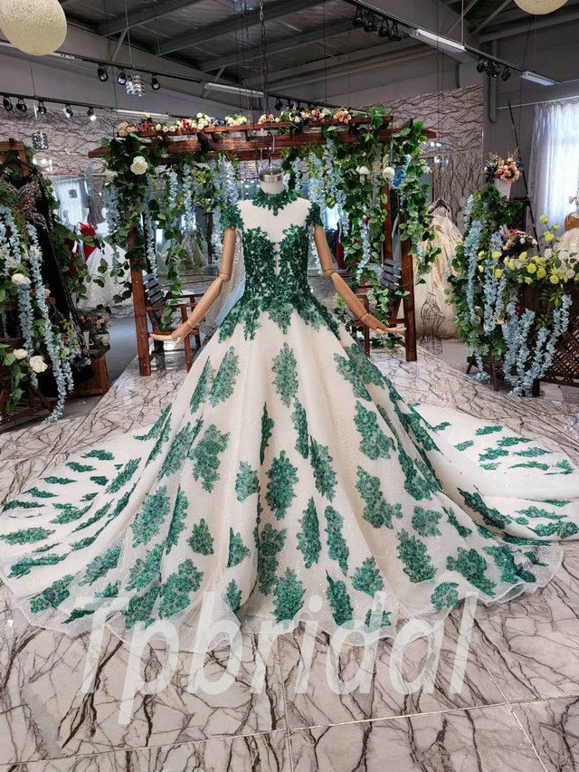 Green Wedding Dress Bling Lace High Neck Prom Dress