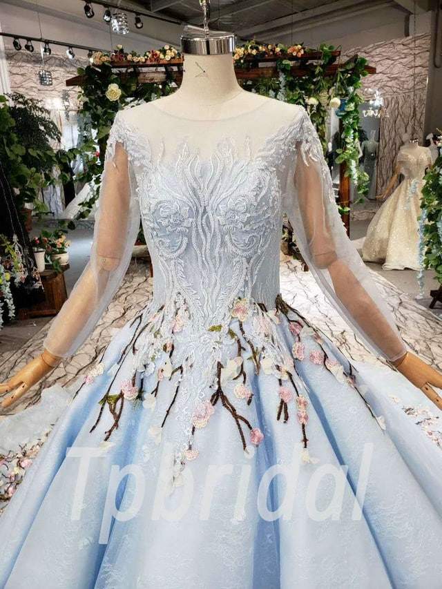 Light Blue Wedding Dress Ball Gown Long Sleeve With Train 2670