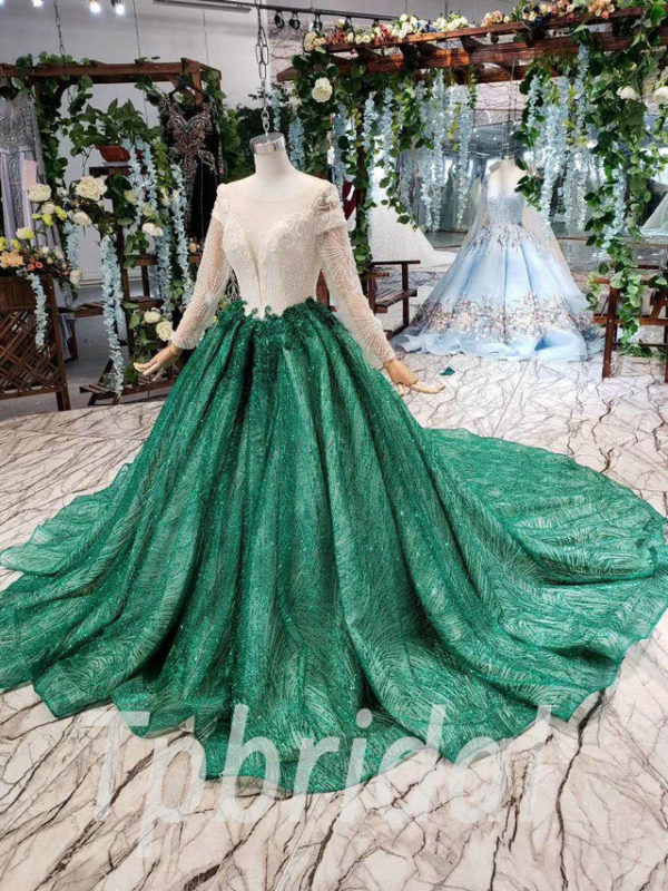 White And Green Prom Dress Ball Gown Long Sleeve Sale