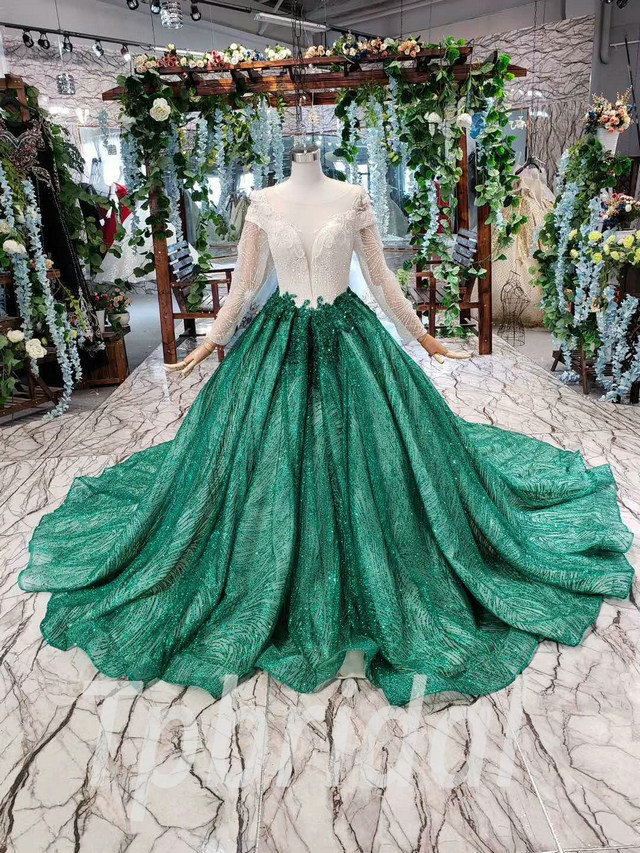 White And Green Prom Dress Ball Gown Long Sleeve Sale