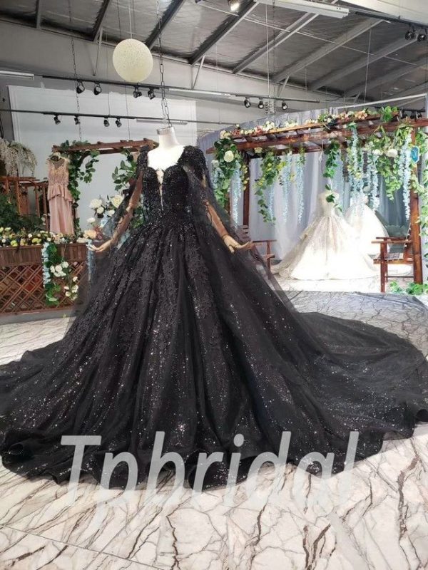 Black Wedding Gown Ball Gown Lace Prom Dress With Cape