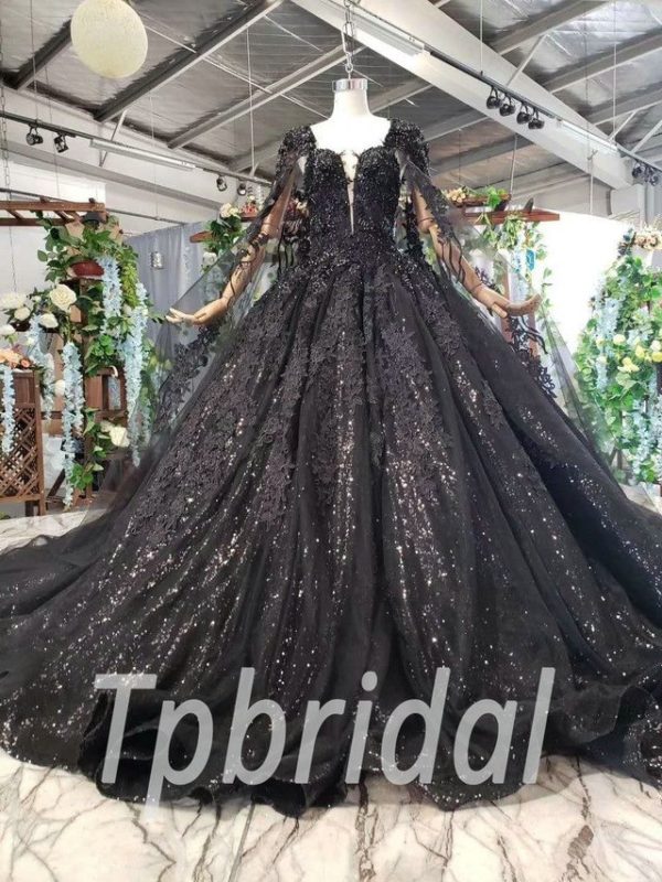 Black Wedding Gown Ball Gown Lace Prom Dress With Cape