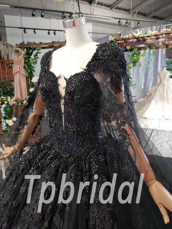 Black Wedding Gown Ball Gown Lace Prom Dress With Cape