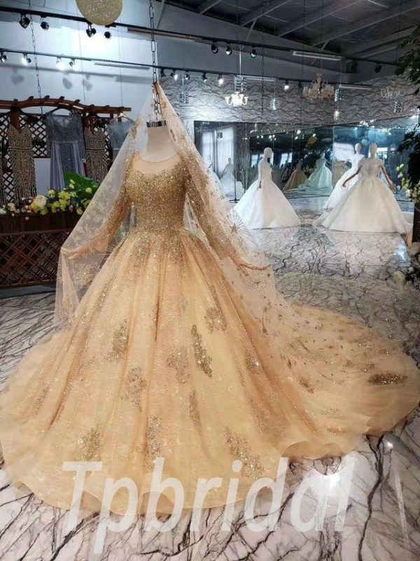 gold-ball-gown-wedding-dress-bling-long-sleeve-with-veil